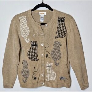 Talbots Petites Vintage 90s Womens Small Beige Cat Mouse Cardigan Sweater Knit